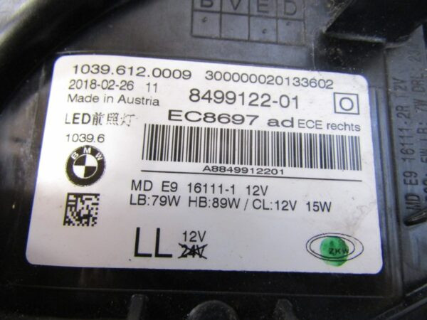 Koplamp BMW 5 G30 G31 Adaptieve Volledige LED-KOPLAMP 17-20 RH Rechts 8499122 Q1407/K3 3G