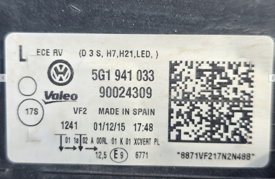 Koplamp Volkswagen GOLF 7 VII 5G1 BI-XENON TURNING FRONT LAMP 5G1941033