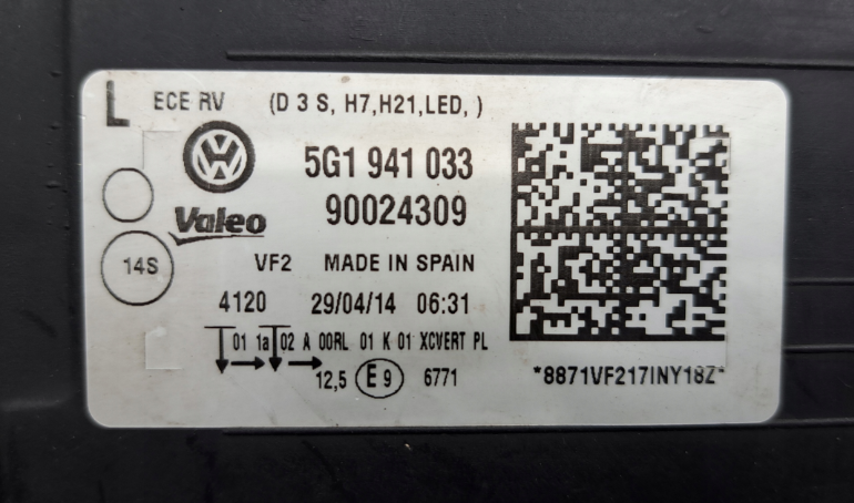 Koplamp Volkswagen GOLF 7 VII 5G1 BI-XENON TURNING FRONT LAMP 5G1941033