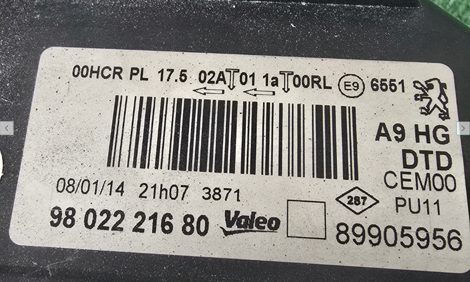 Koplamp PEUGEOT 208 LENS+ LED FRONT LAMP 9802221680