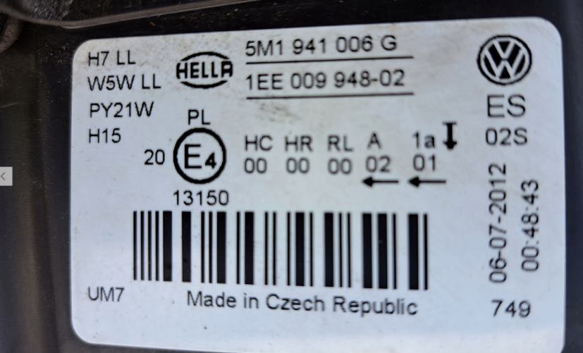 Koplamp Volkswagen GOLF 6 PLUS 5M1 STANDARD FRONT LAMP 5M1941006G